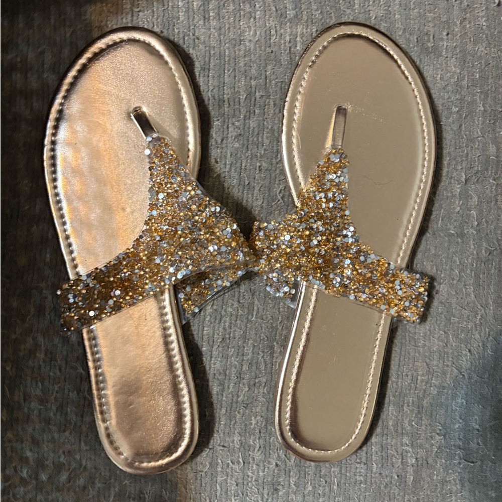 Gold Glitter T-Strap Women's Sandals